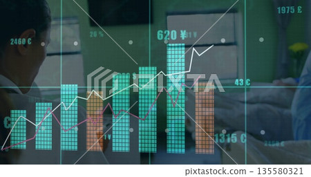 Team reviewing dashboard in conference room, with translucent bars, line graphs, currency symbols Team reviewing dashboard in conference room, with translucent bars, line graphs, currency symbols 135580321