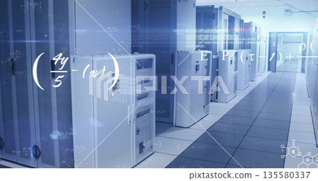 Glowing white server cabinets lining data center corridor, with LED lights and digital overlays 135580337