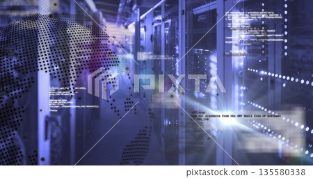 Showing rack-mounted servers blinking LED lights in data center, with world map overlay, copy space 135580338