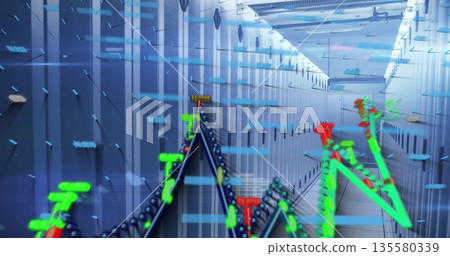 Displaying aisle of server racks with LEDs at data center, digital metrics overlay 135580339