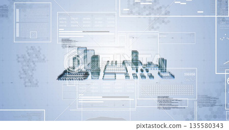 Displaying miniature cityscape of 3D blocks on circuit-board plane, with translucent UI panels Displaying miniature cityscape of 3D blocks on circuit-board plane, with translucent UI panels 135580343