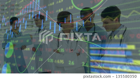Mature female doctor in lab coat analyzing data in hospital hall, with candlestick chart overlays 135580350