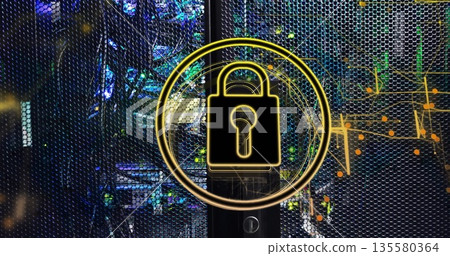 Displaying glowing padlock overlaying server rack mesh in secure data center, network node graphics Displaying glowing padlock overlaying server rack mesh in secure data center, network node graphics 135580364