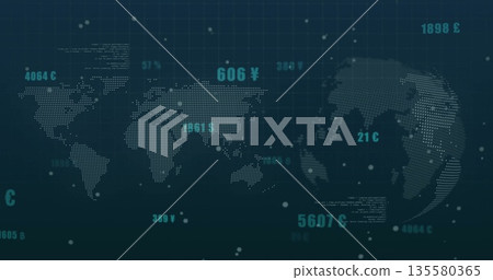 Displaying dotted world map and globe on teal data dashboard, showing floating numeric data points Displaying dotted world map and globe on teal data dashboard, showing floating numeric data points 135580365
