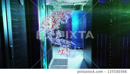 Displaying holographic data swirl spinning inside data center corridor, with mesh door server racks 135580366