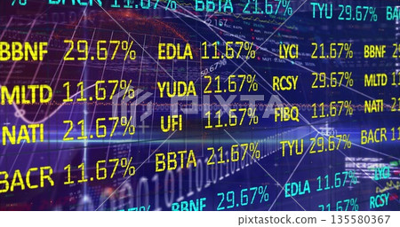Displaying stock tickers and percentage values on market screen, with map outline and binary code Displaying stock tickers and percentage values on market screen, with map outline and binary code 135580367