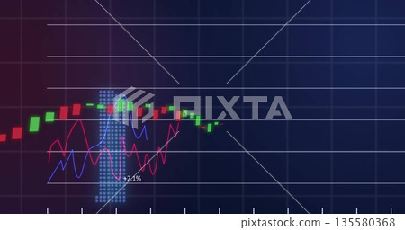 Showing candlestick chart on trading screen with red green bars indicators blue dot highlight +2 Showing candlestick chart on trading screen with red green bars indicators blue dot highlight +2 135580368