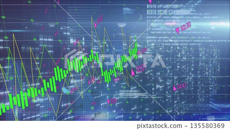 Displaying green candlesticks with yellow line and pink markers over nighttime skyline, market view Displaying green candlesticks with yellow line and pink markers over nighttime skyline, market view 135580369
