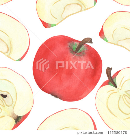Illustration of an apple, slice, and half, hand-drawn watercolor fruit seamless pattern. Ripe realistic seasonal fruit. Illustration of an apple, slice, and half, hand-drawn watercolor fruit seamless pattern. Ripe realistic seasonal fruit. 135580378