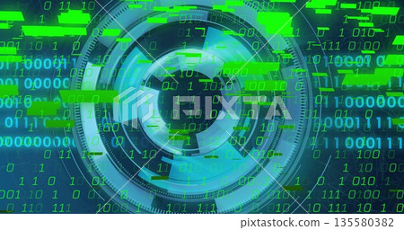 Displaying central circular scanning interface on network dashboard, with green binary digits Displaying central circular scanning interface on network dashboard, with green binary digits 135580382
