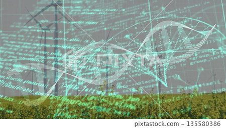 Displaying DNA double helix overlaying crop field, with wind turbines, code text and network graph Displaying DNA double helix overlaying crop field, with wind turbines, code text and network graph 135580386