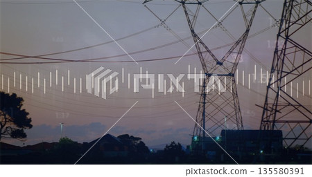 Framing transmission towers carrying power cables against dusk skyline, with data bars, copy space Framing transmission towers carrying power cables against dusk skyline, with data bars, copy space 135580391