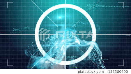 Displaying scanning reticle on HUD screen, showing data mesh, crosshair grid overlay, code snippets 135580400