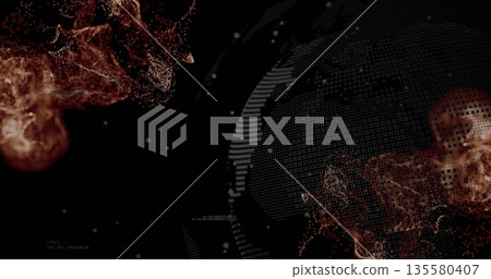 Digital globe rotating in digital void, with copper clouds, data points and binary code, copy space Digital globe rotating in digital void, with copper clouds, data points and binary code, copy space 135580407