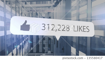 Displaying speech bubble showing 312,228 likes above data center with server racks and cable trays 135580417