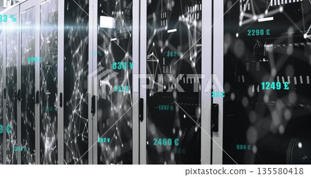Server racks displaying network overlays in data center, with status LEDs and currency data 135580418