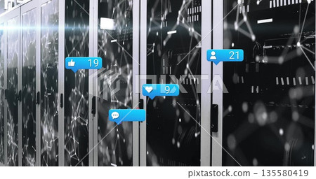 Displaying server rack cabinets showing blinking LEDs in data center aisle, with notification icons Displaying server rack cabinets showing blinking LEDs in data center aisle, with notification icons 135580419