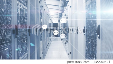 Featuring corridor flanked by network server racks in data center, with floating chat icons Featuring corridor flanked by network server racks in data center, with floating chat icons 135580421