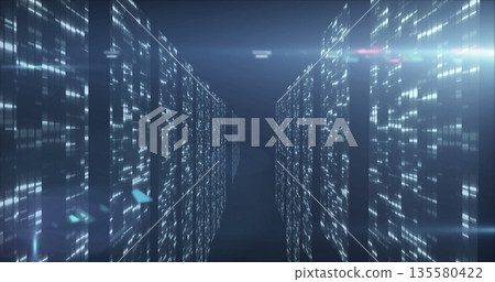 Displaying data panels lining virtual corridor, with glowing matrix dots and lens flares Displaying data panels lining virtual corridor, with glowing matrix dots and lens flares 135580422