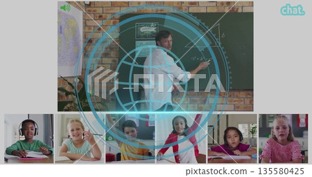 Teacher writing formulas on green chalkboard in brick classroom, with digital globe, chat windows Teacher writing formulas on green chalkboard in brick classroom, with digital globe, chat windows 135580425