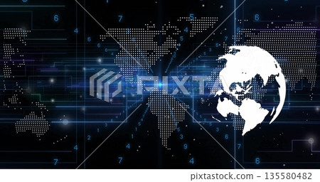 Displaying white globe overlapping dotted world map with blue circuit beams and digits, copy space Displaying white globe overlapping dotted world map with blue circuit beams and digits, copy space 135580482