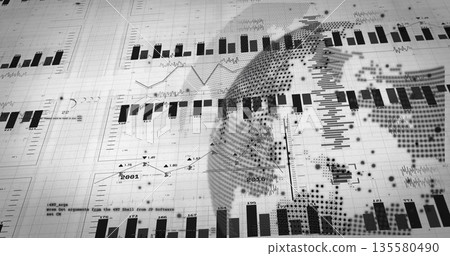 Rendering dot-matrix globe highlighting charts on analytics interface, with timeline markers Rendering dot-matrix globe highlighting charts on analytics interface, with timeline markers 135580490