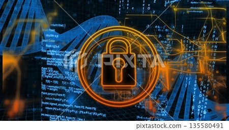 Glowing orange padlock icon protecting digital network, with code waves and network nodes Glowing orange padlock icon protecting digital network, with code waves and network nodes 135580491