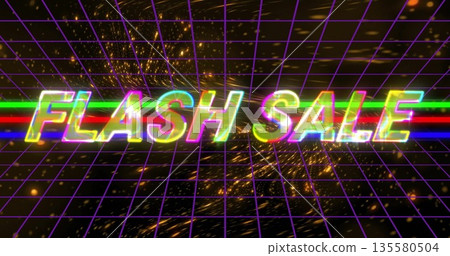 Displaying neon FLASH SALE text against purple grid, radiating RGB glitch streaks and golden sparks Displaying neon FLASH SALE text against purple grid, radiating RGB glitch streaks and golden sparks 135580504