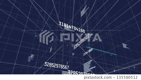 Floating numerals and code blocks moving in wireframe grid tunnel, highlighting glowing teal line Floating numerals and code blocks moving in wireframe grid tunnel, highlighting glowing teal line 135580512