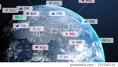 Planet Earth rotating in outer space, with floating social media notification icons Planet Earth rotating in outer space, with floating social media notification icons 135580518