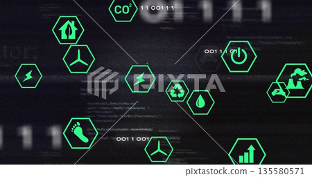 Floating green hexagonal eco and energy icons over dark glitch-effect background, with binary code Floating green hexagonal eco and energy icons over dark glitch-effect background, with binary code 135580571