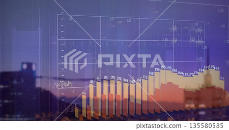 Displaying 3D bar chart rising over urban skyline at dusk, with grid overlay and numeric labels 135580585