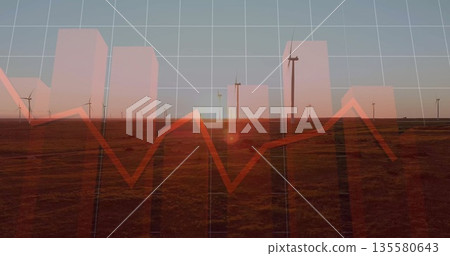 Displaying wind turbines spanning grassland at dusk with bar chart, red line and white grid overlay Displaying wind turbines spanning grassland at dusk with bar chart, red line and white grid overlay 135580643