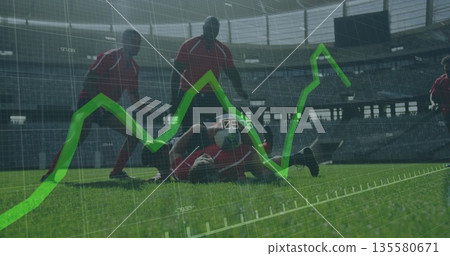 Competing six soccer players battling for soccer ball on stadium pitch, with green graph overlay 135580671