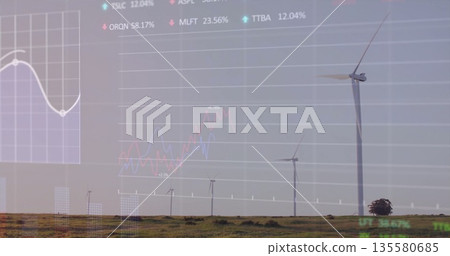 Displaying single large wind turbine standing over grassland with overlaid stock charts, copy space Displaying single large wind turbine standing over grassland with overlaid stock charts, copy space 135580685