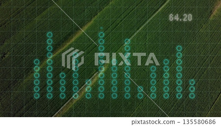 Displaying turquoise markers forming columns over crop rows, dirt track gridlines labeling 64 Displaying turquoise markers forming columns over crop rows, dirt track gridlines labeling 64 135580686