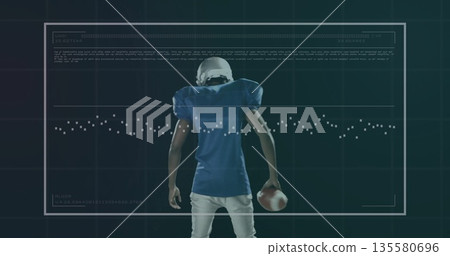 Standing football player wearing helmet, jersey, shoulder pads holding football in grid, with HUD Standing football player wearing helmet, jersey, shoulder pads holding football in grid, with HUD 135580696