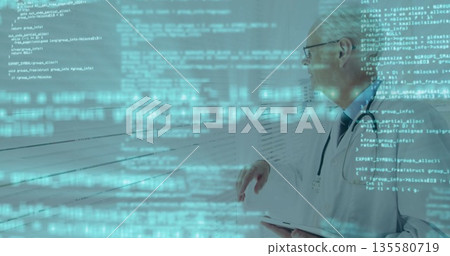 Lab-coated doctor pointing at code display in research lab, with tablet, stethoscope, copy space Lab-coated doctor pointing at code display in research lab, with tablet, stethoscope, copy space 135580719