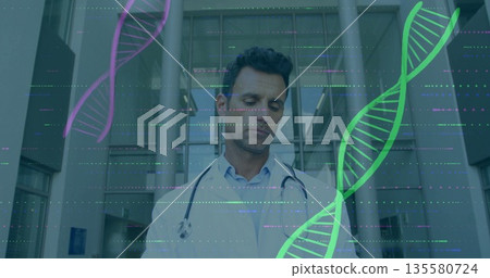 Standing doctor wearing lab coat, stethoscope in hospital lobby, examining DNA and glitch overlays Standing doctor wearing lab coat, stethoscope in hospital lobby, examining DNA and glitch overlays 135580724