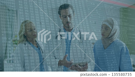 Discussing data medical team collaborating in hospital corridor, with stethoscopes, digital overlay Discussing data medical team collaborating in hospital corridor, with stethoscopes, digital overlay 135580735