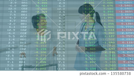 Doctors in lab coats and stethoscopes discussing statistics in office, with glass partition overlay Doctors in lab coats and stethoscopes discussing statistics in office, with glass partition overlay 135580738