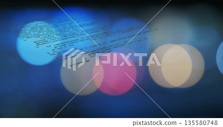 Showing floating software code lines in digital environment, with defocused blue pink yellow bokeh Showing floating software code lines in digital environment, with defocused blue pink yellow bokeh 135580748