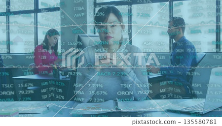Gazing central Asian woman clasping hands on desk in open-plan office with stock chart overlay 135580781