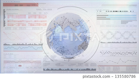 Displaying central Earth globe on virtual console, with nodes, connecting lines and data panels Displaying central Earth globe on virtual console, with nodes, connecting lines and data panels 135580786