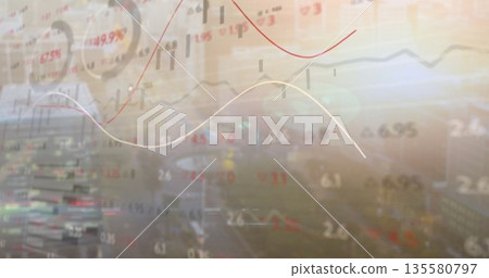 Overlaying financial data onto city skyline with colored graphs, candlesticks, numbers and gauges 135580797