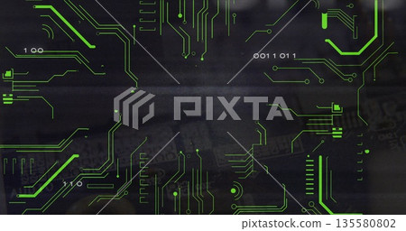 Abstract neon green traces and nodes glowing on digital interface, with dollar bills, numeric tags 135580802