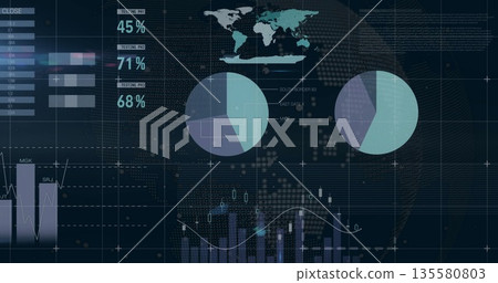 Displaying dark dashboard in UI, showing world map, pie charts, bar charts and percentage readouts Displaying dark dashboard in UI, showing world map, pie charts, bar charts and percentage readouts 135580803
