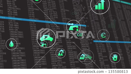 Showcasing dashboard on computer display featuring redacted code with neon blue bars, green icons Showcasing dashboard on computer display featuring redacted code with neon blue bars, green icons 135580813