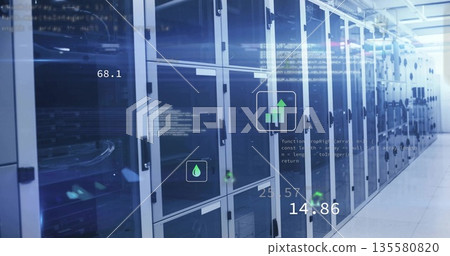 Displaying server racks in glass-doored cabinets lining data center corridor, with digital overlays Displaying server racks in glass-doored cabinets lining data center corridor, with digital overlays 135580820