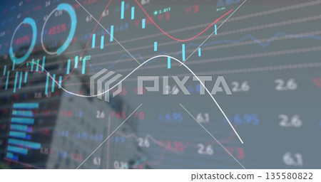 Displaying trading overlay over city skyline, candlesticks, trendlines, numbers, gauges, gridlines 135580822
